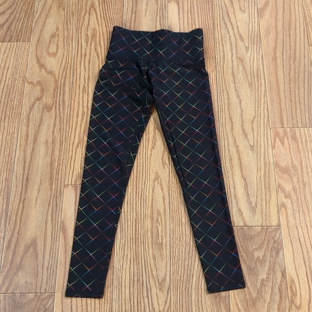 NWOT TEREZ foil print black and rainbow cropped leggings, women's XS